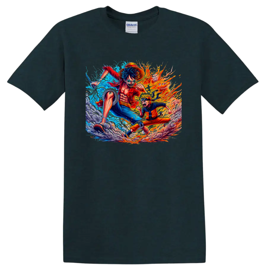 Monkey D. Luffy and Naruto Uzumaki in fiery water anime battle artwork on a Midnight (Green) T Shirt
