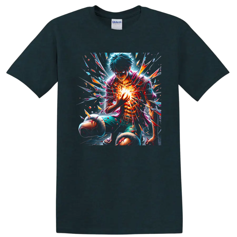 Monkey D. Luffy energy burst with shattered-glass anime action art on a Midnight (Green) T Shirt