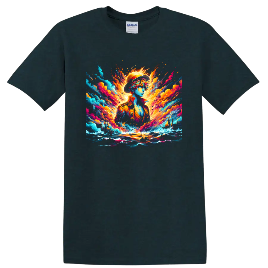 Monkey D. Luffy anime pirate in fiery ocean waves and colorful sailing ship art on a Midnight (Green) T Shirt