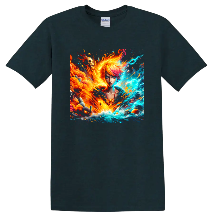 Anime-style fantasy girl with fiery waves, electric ocean energy, and surreal skull art on a Midnight (Green) T Shirt