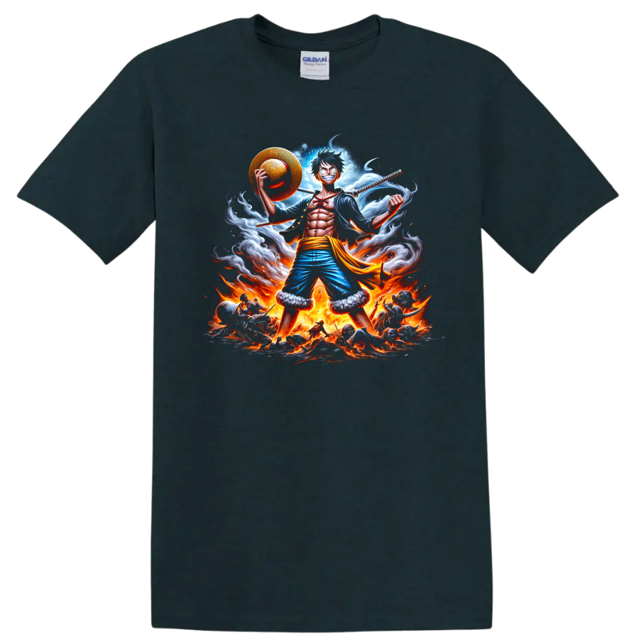 Monkey D. Luffy Gear 5 anime battle art with straw hat, sword, smoke, and flames on a Midnight (Green) T Shirt