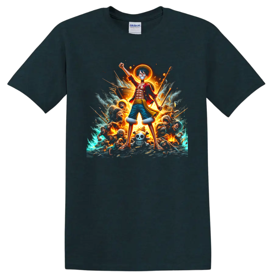 Monkey D. Luffy with a sun halo in a fiery pirate battle anime graphic on a Midnight (Green) T Shirt