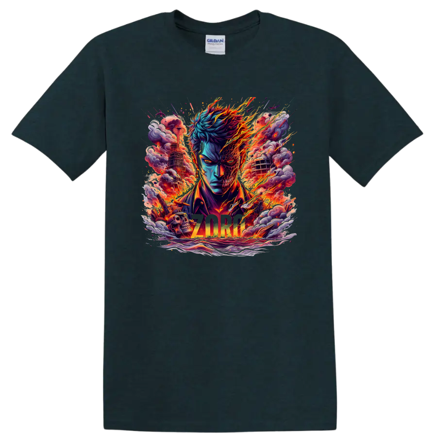 Roronoa Zoro fiery anime swordsman graphic with flames, smoke, swords, and ZORO text on a Midnight (Green) T Shirt
