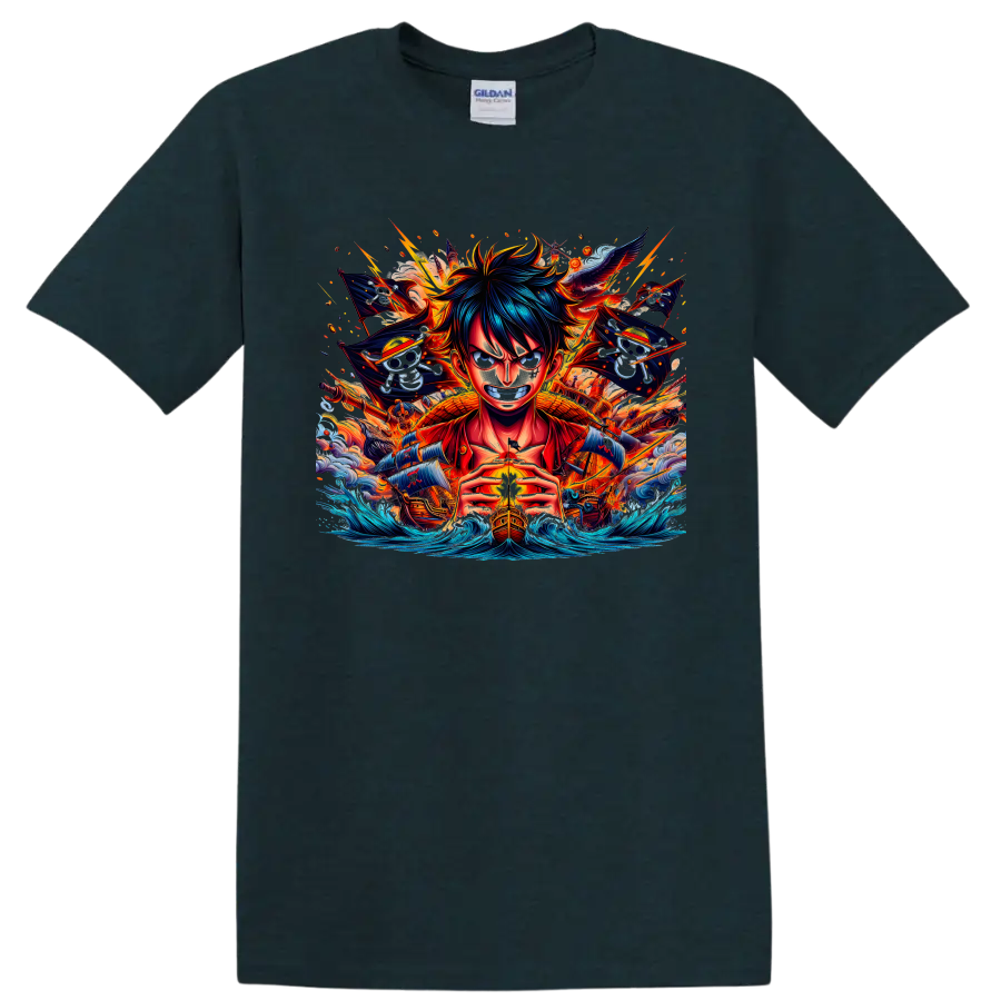 Monkey D. Luffy anime pirate graphic with ships, skull flags, fire, and ocean waves on a Midnight (Green) T Shirt
