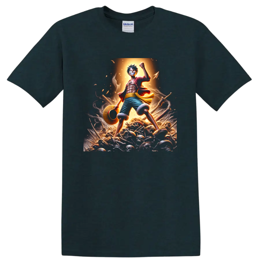 Monkey D. Luffy anime warrior graphic with raised fist, straw hat, swords, and skulls on a Midnight (Green) T Shirt