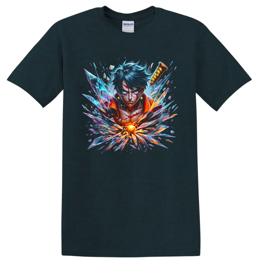 Monkey D. Luffy Gear 5 Sun God Nika anime portrait with explosive crystal shards on a Midnight (Green) T Shirt