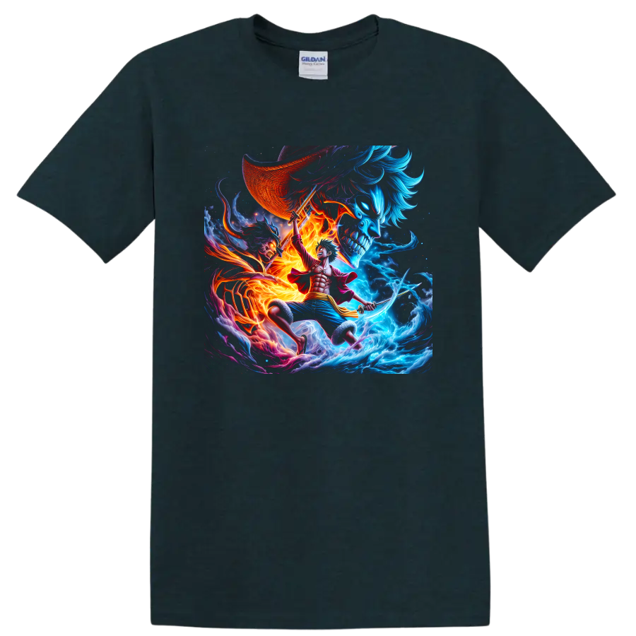 Monkey D. Luffy Gear 5 anime pirate battle graphic with fiery waves and skull imagery on a Midnight (Green) T Shirt
