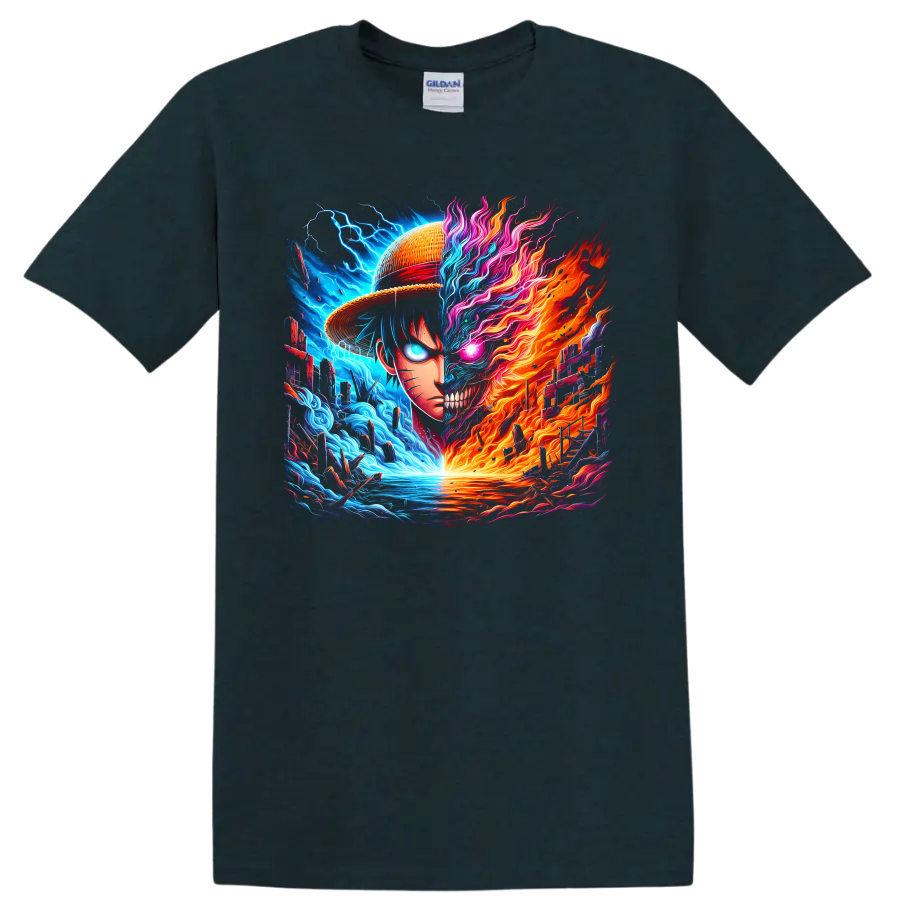 Naruto Uzumaki and Monkey D. Luffy split fire and water anime battle artwork on a Midnight (Green) T Shirt