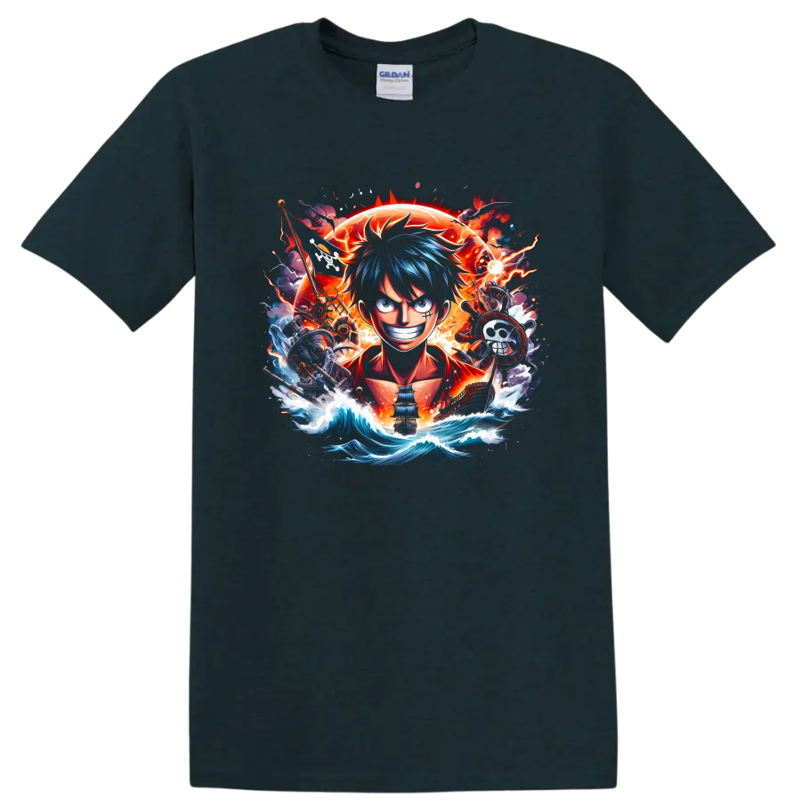 Monkey D. Luffy anime pirate graphic with ship, blazing sun, lightning, and ocean waves on a Midnight (Green) T Shirt