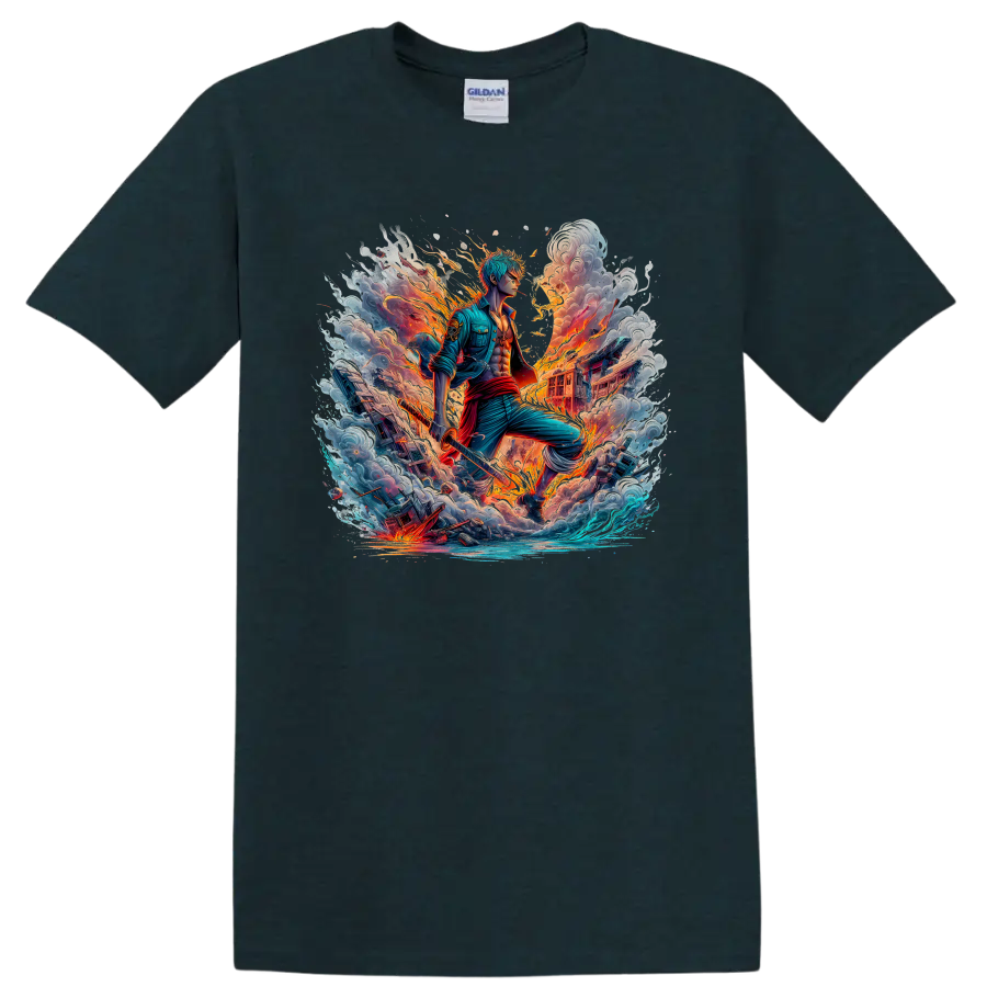 Roronoa Zoro anime swordsman amid fire, storm clouds, ocean waves, and ships on a Midnight (Green) T Shirt