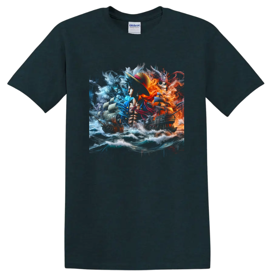 Monkey D. Luffy anime pirate art with storm waves, sailing ships, and fiery skull scene on a Midnight (Green) T Shirt