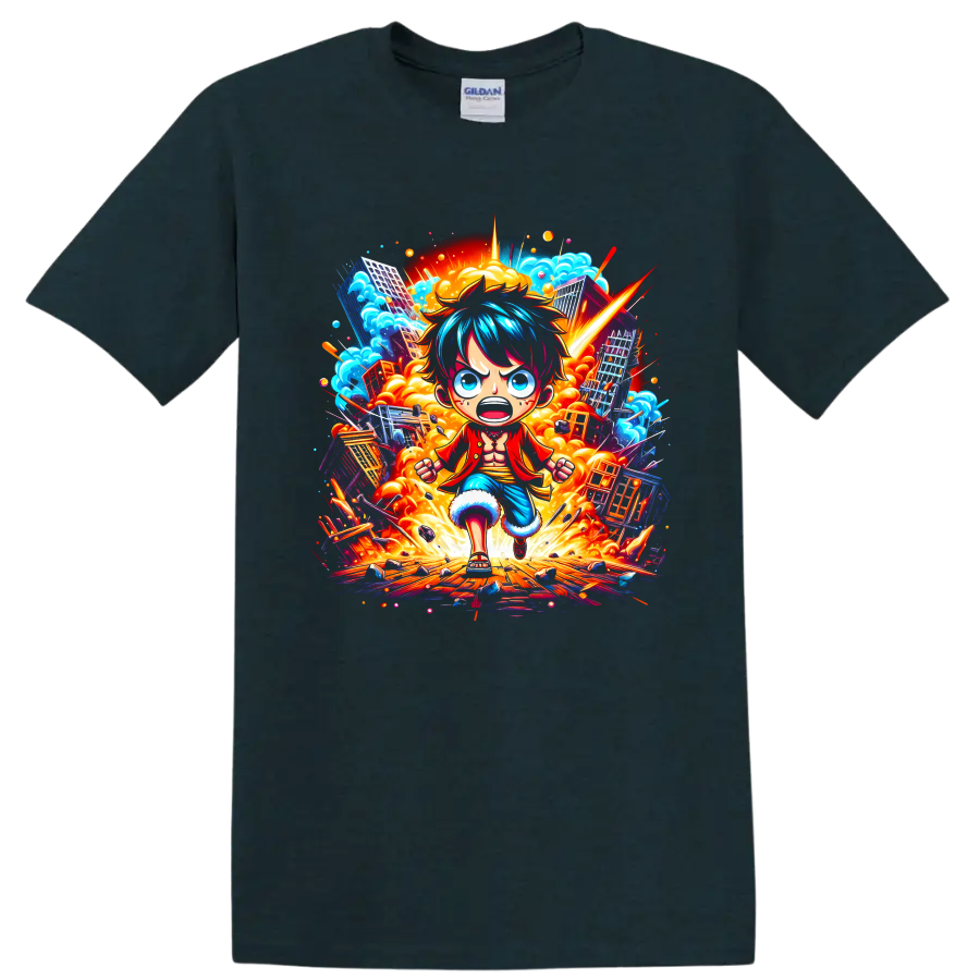 Monkey D. Luffy running through an explosive city in vivid anime action art on a Midnight (Green) T Shirt