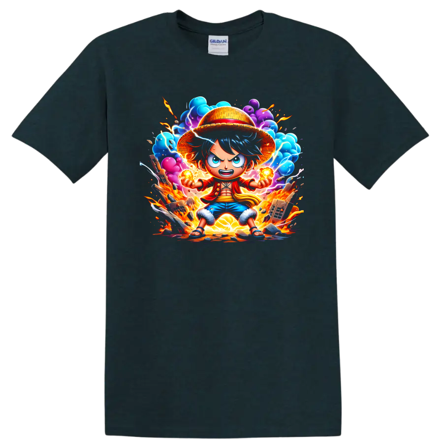 Monkey D. Luffy straw hat anime action graphic with fire, lightning, and colorful clouds on a Midnight (Green) T Shirt