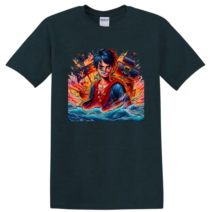 Monkey D. Luffy anime art with pirate ships, Jolly Roger flags, fire, and ocean waves on a Midnight (Green) T Shirt