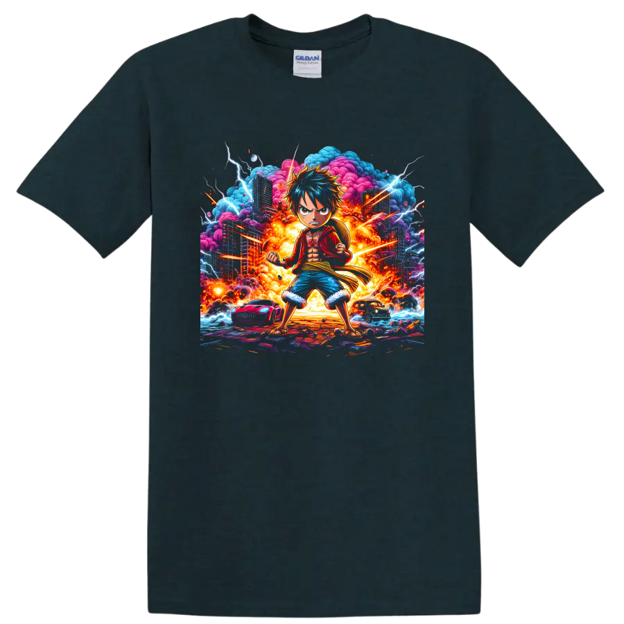 Monkey D. Luffy in explosive city anime art with lightning and fiery clouds on a Midnight (Green) T Shirt