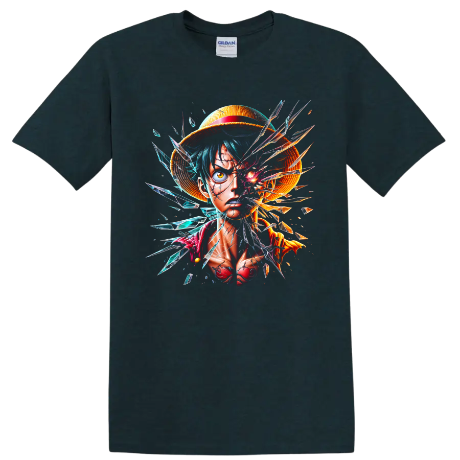 Monkey D. Luffy shattered-glass anime portrait with straw hat and crystal shards on a Midnight (Green) T Shirt