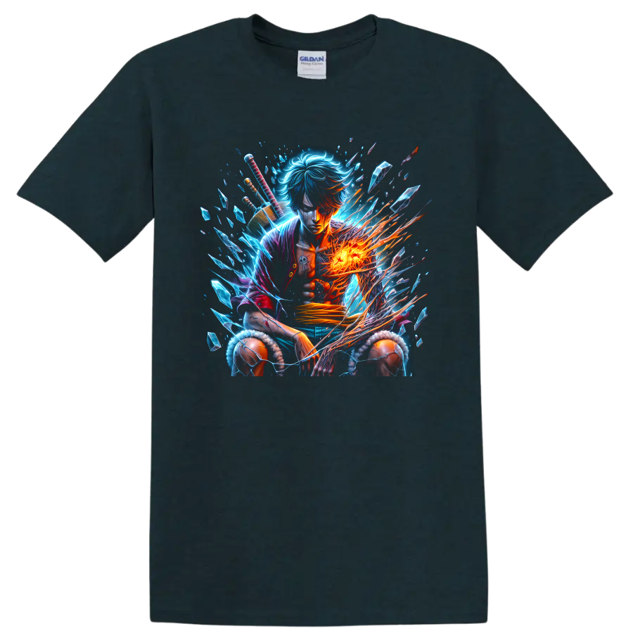 Sanji-inspired anime warrior graphic with blue crystals and blazing fire energy on a Midnight (Green) T Shirt
