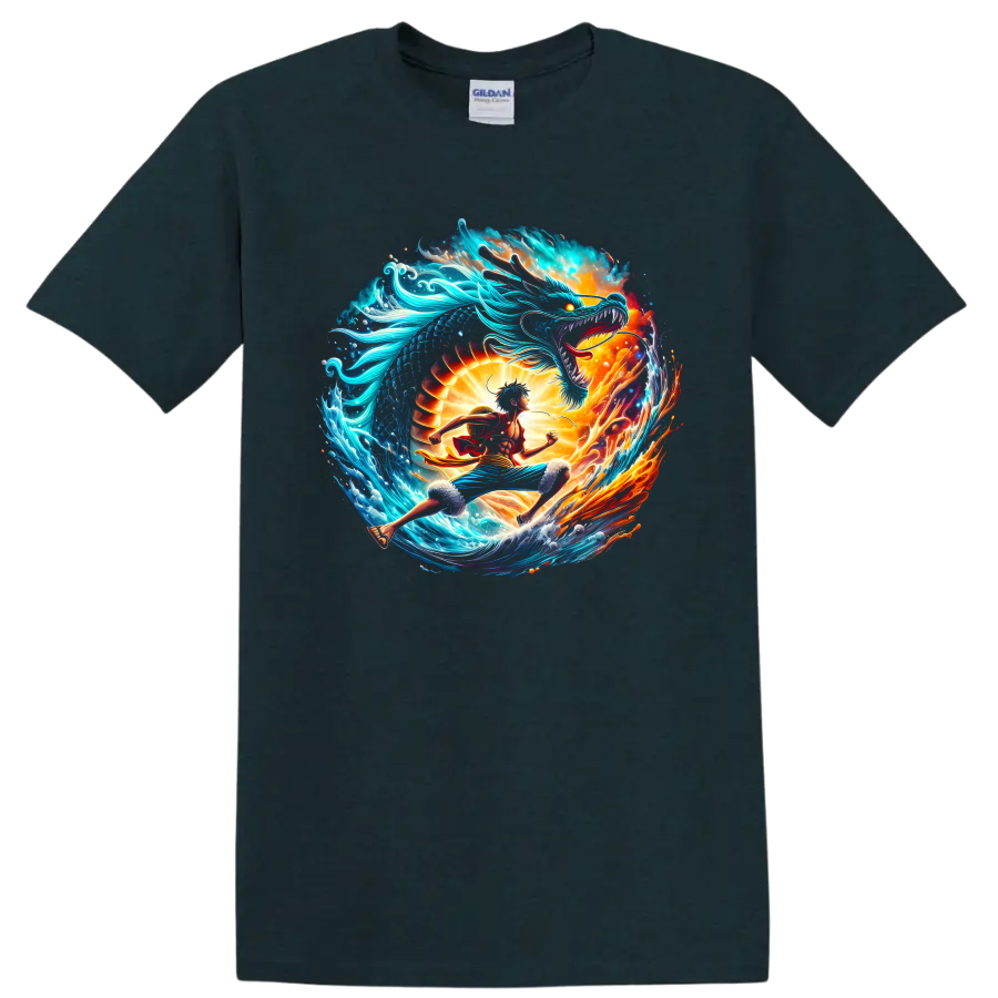 Monkey D. Luffy and Kaido dragon battle in vibrant ocean and fire anime art on a Midnight (Green) T Shirt