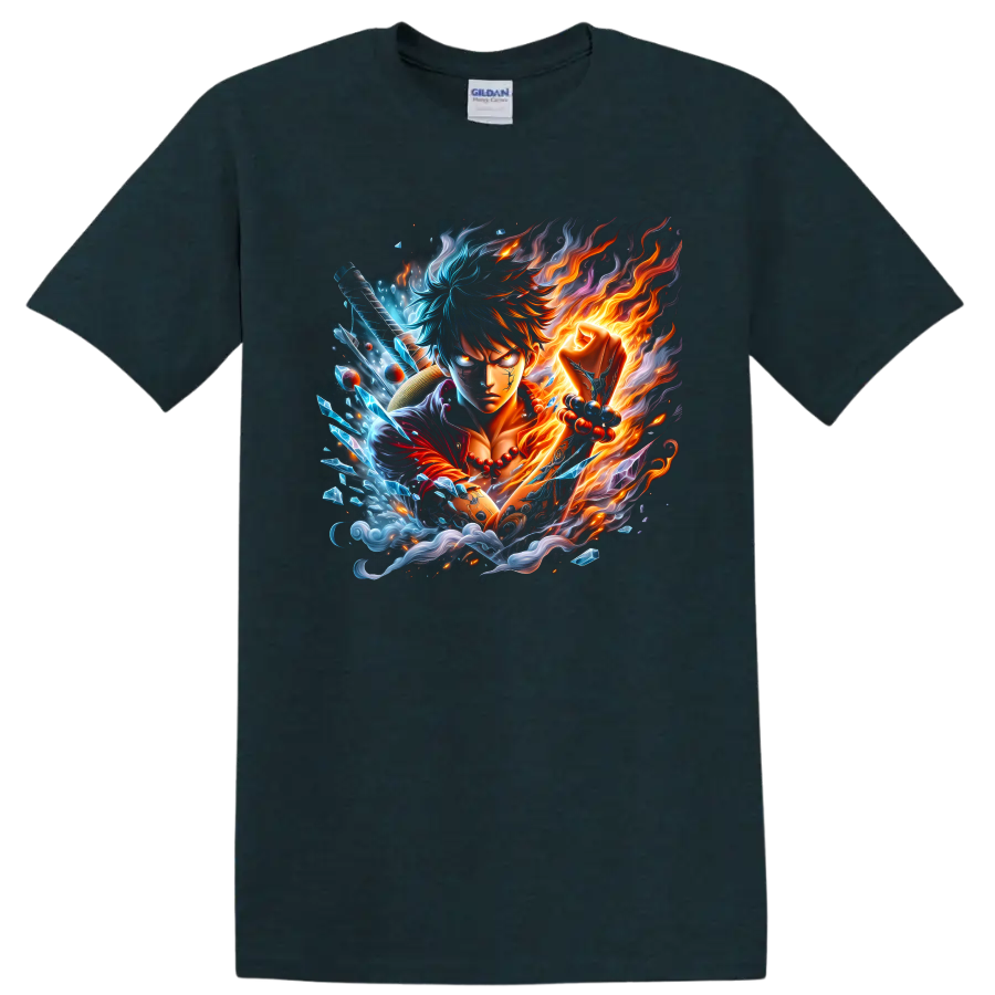 Monkey D. Luffy Gear 5 anime warrior with fiery and icy elemental action art on a Midnight (Green) T Shirt