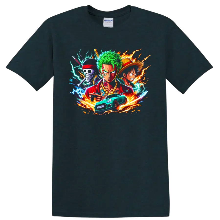 Roronoa Zoro and Monkey D. Luffy anime action graphic with lightning and race car on a Midnight (Green) T Shirt