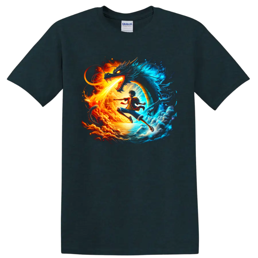 Monkey D. Luffy and Kaido One Piece fire and blue dragon battle graphic on a Midnight (Green) T Shirt