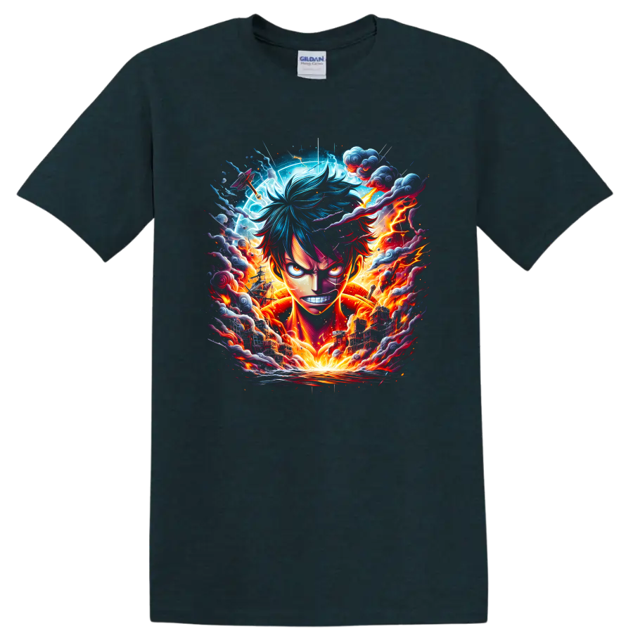 Monkey D. Luffy Bajrang Gun anime graphic with lightning, clouds, and fiery energy on a Midnight (Green) T Shirt