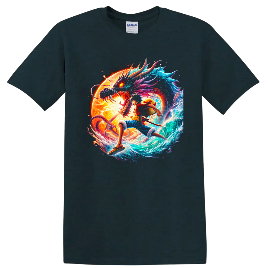 Monkey D. Luffy Gear 5 anime art with a dragon, glowing sun, and ocean waves on a Midnight (Green) T Shirt
