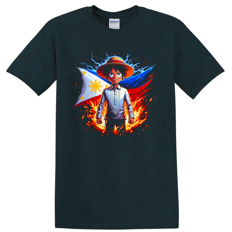 Monkey D. Luffy with Philippine flag, lightning, flames, and dynamic anime art on a Midnight (Green) T Shirt