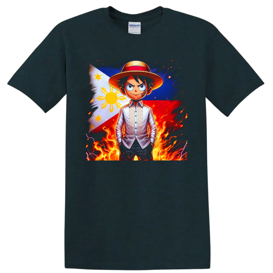 Monkey D. Luffy anime portrait with Philippine flag, straw hat, flames, and lightning on a Midnight (Green) T Shirt