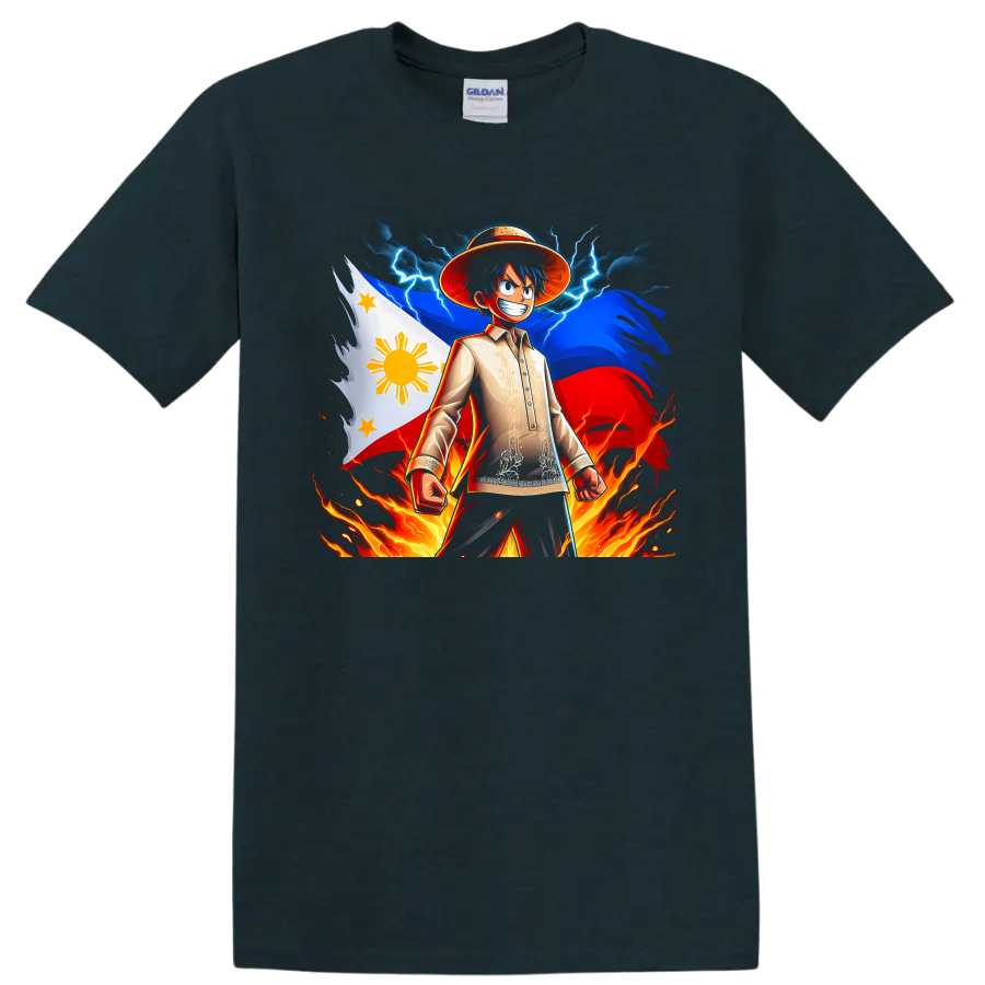 Monkey D. Luffy anime art with Philippine flag, lightning, storm clouds, and flames on a Midnight (Green) T Shirt