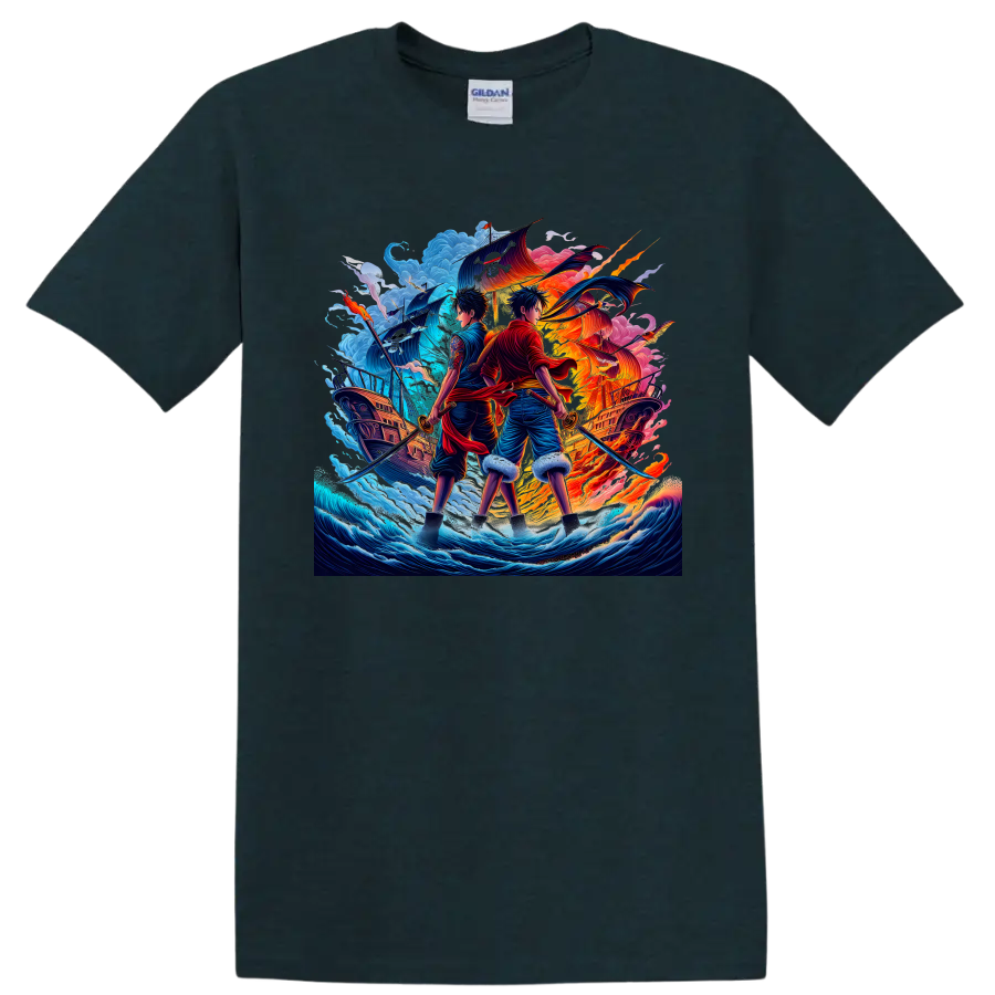 One Piece Luffy and Zoro anime-style pirate swordsmen with ships and ocean waves on a Midnight (Green) T Shirt