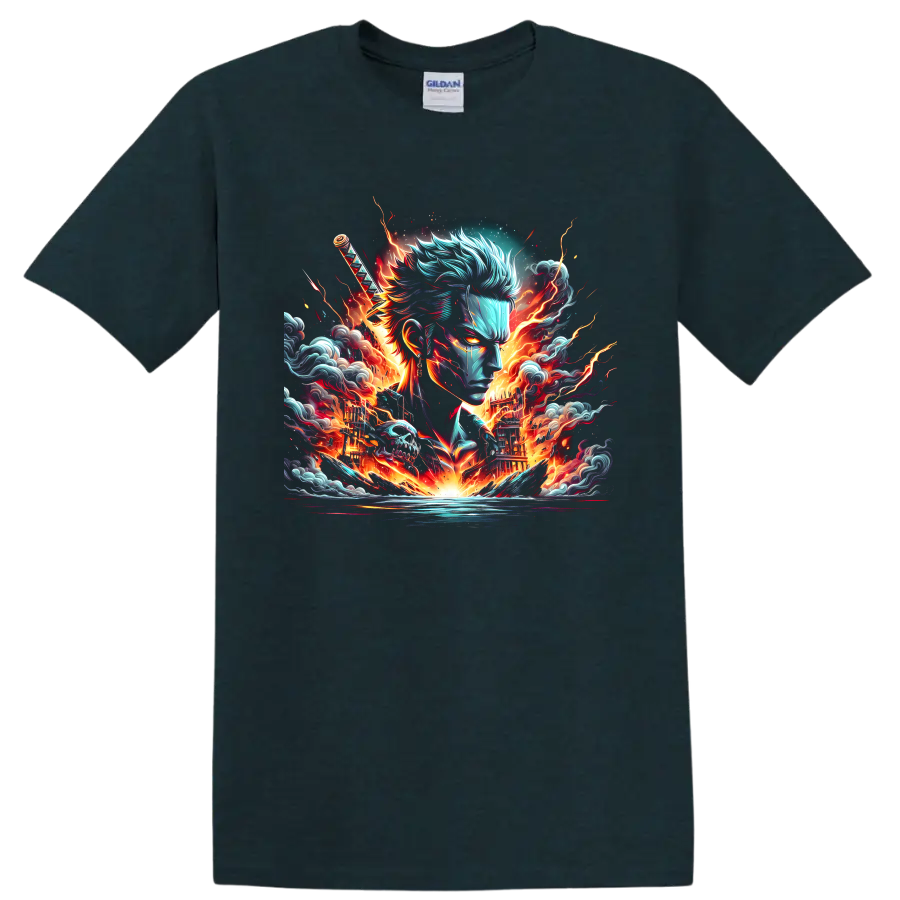 Roronoa Zoro anime swordsman portrait with katana, flames, waves, and lightning on a Midnight (Green) T Shirt