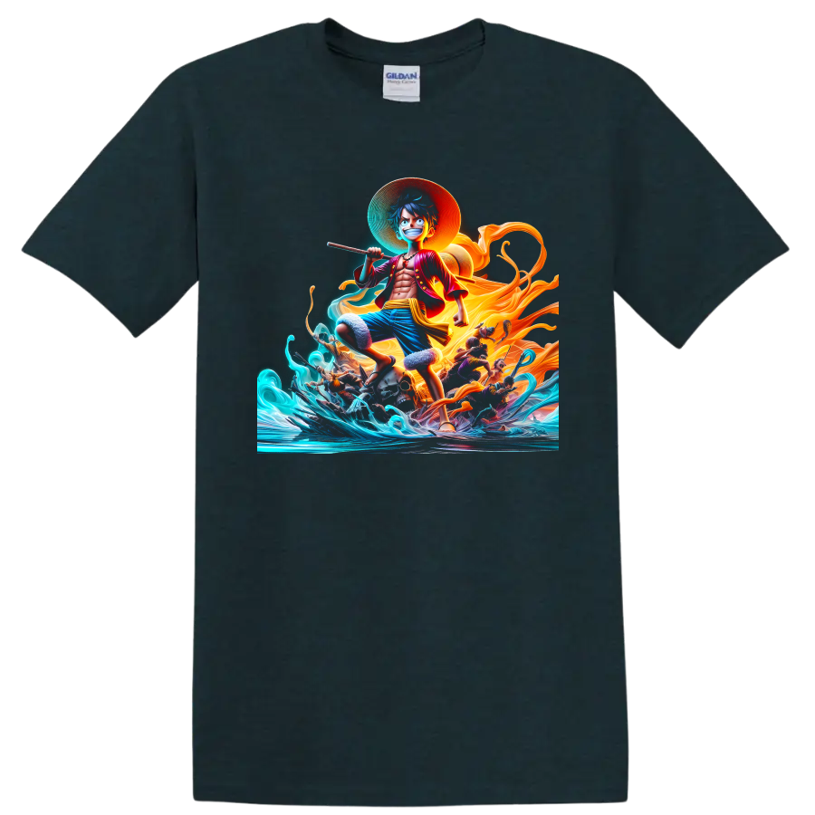 Monkey D. Luffy One Piece anime art with ocean waves and swirling golden energy on a Midnight (Green) T Shirt