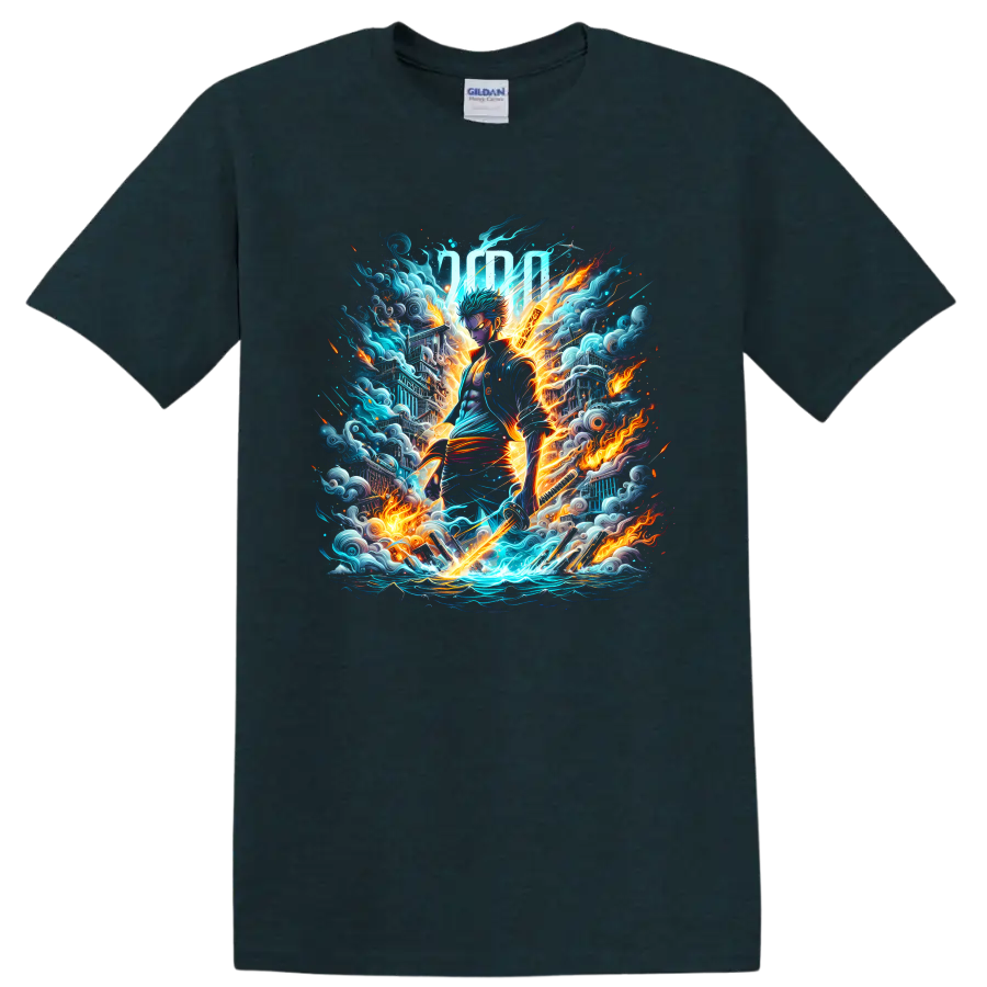Roronoa Zoro three-sword anime warrior with fiery waves and electric action art on a Midnight (Green) T Shirt