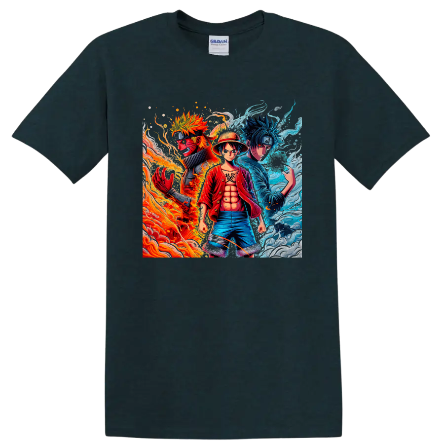 Naruto, Luffy, and Sasuke anime character art with fiery and icy energy on a Midnight (Green) T Shirt
