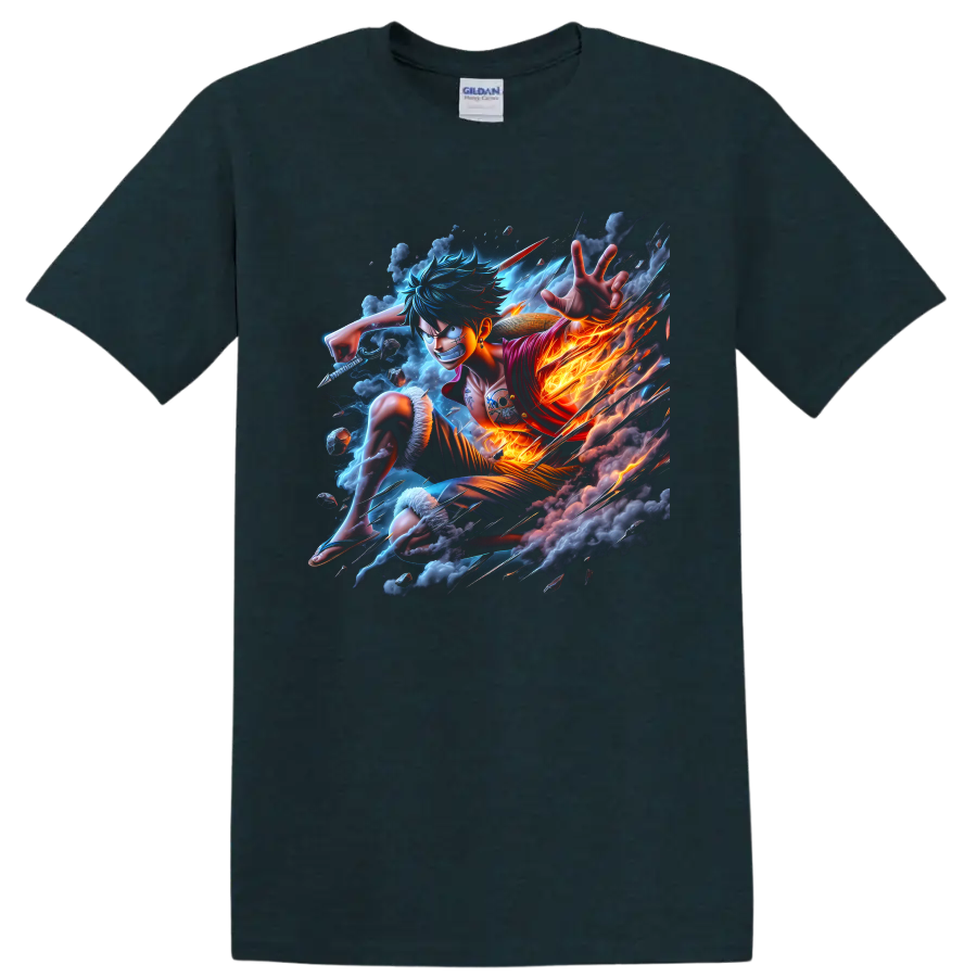 Monkey D. Luffy in fiery anime action with storm clouds and straw hat on a Midnight (Green) T Shirt