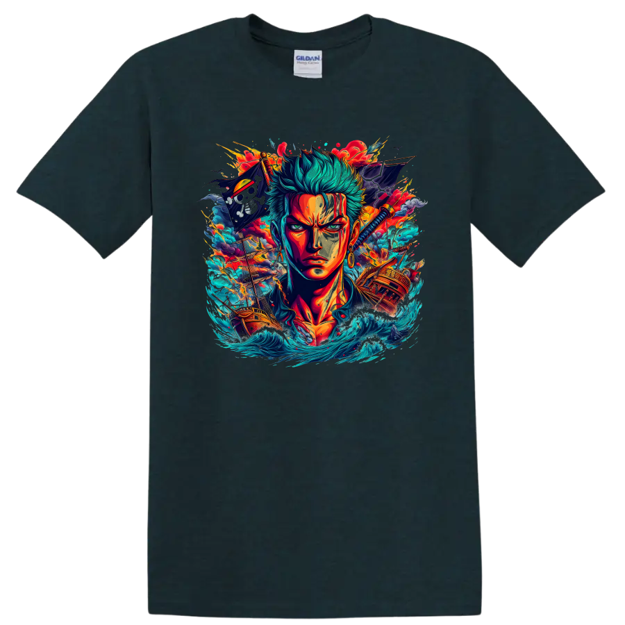 Roronoa Zoro anime portrait with pirate ships, katana, waves, and fiery battle effects on a Midnight (Green) T Shirt