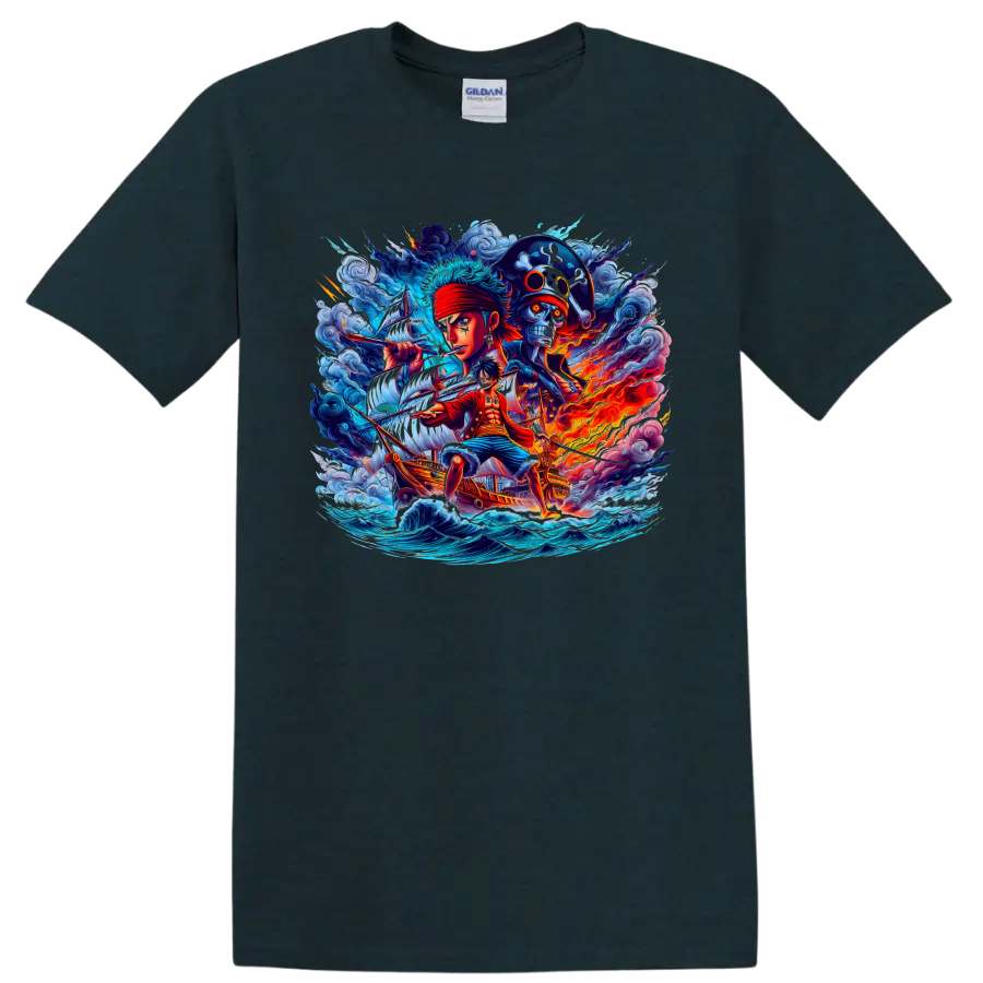 Monkey D. Luffy and Roronoa Zoro One Piece pirate adventure graphic on a Midnight (Green) T Shirt