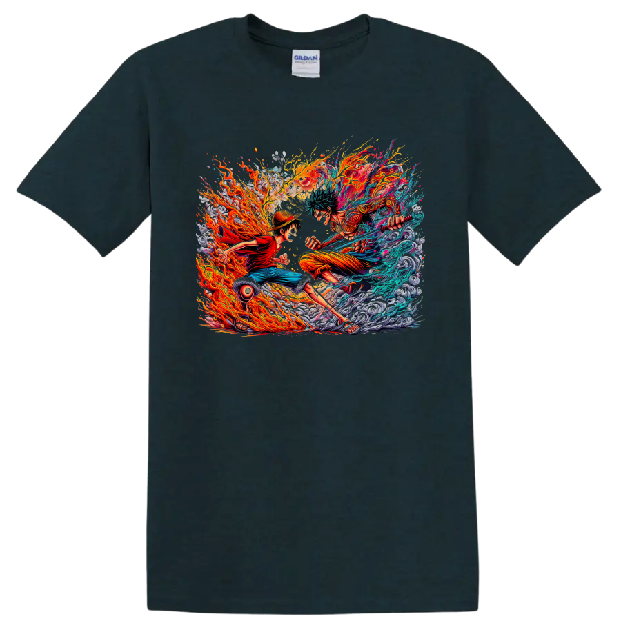 Monkey D. Luffy and Roronoa Zoro in explosive fire and water anime battle art on a Midnight (Green) T Shirt