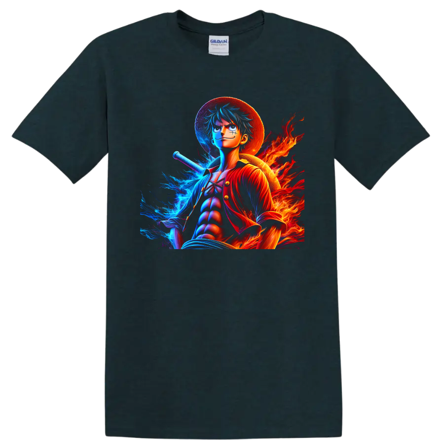 Monkey D. Luffy anime warrior graphic with straw hat, blue water energy, and flames on a Midnight (Green) T Shirt