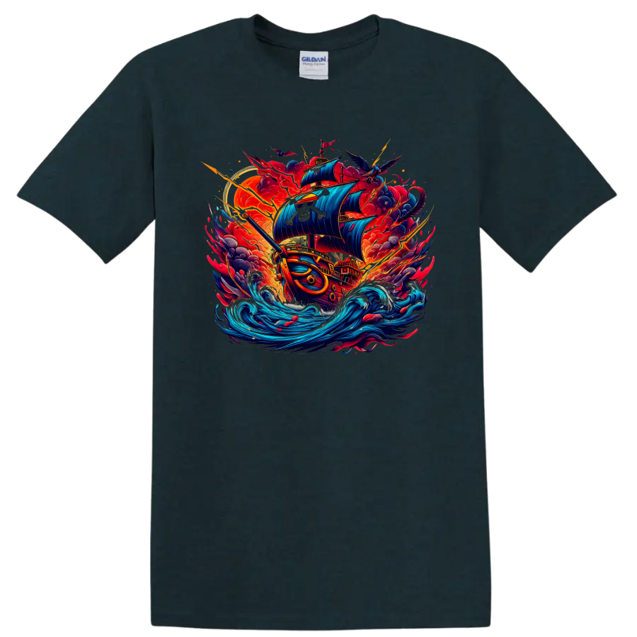 Thousand Sunny pirate ship in dynamic anime-style ocean storm artwork on a Midnight (Green) T Shirt