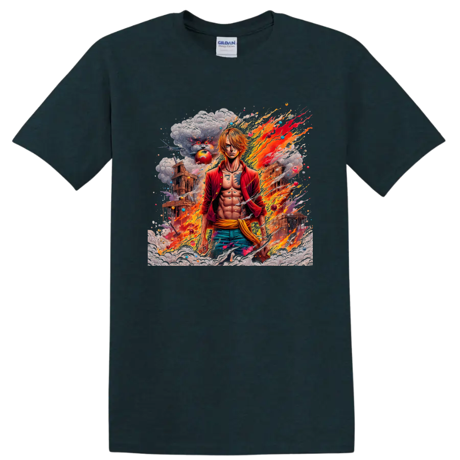 Sanji anime character in fiery action graphic with smoke and detailed scenery on a Midnight (Green) T Shirt