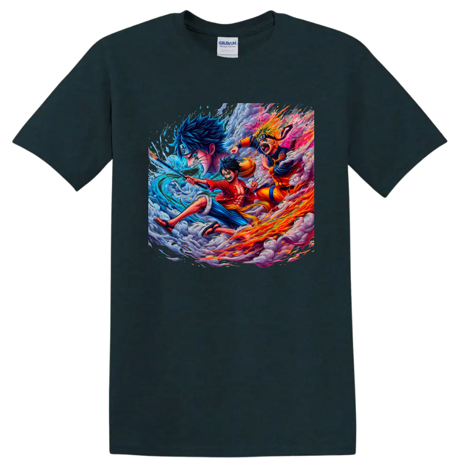 Monkey D. Luffy and Naruto Uzumaki anime action art with water, fire, and storm clouds on a Midnight (Green) T Shirt