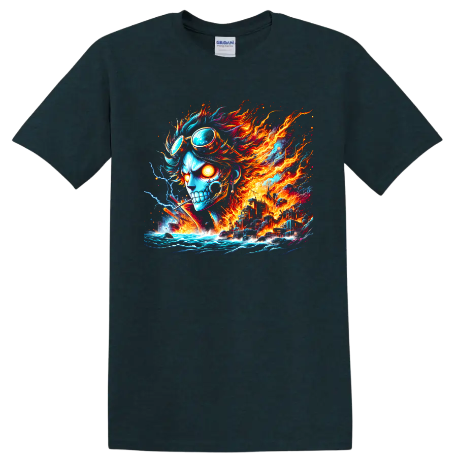 Sabo-inspired anime skull with goggles, flames, lightning, ocean waves, and fantasy city on a Midnight (Green) T Shirt