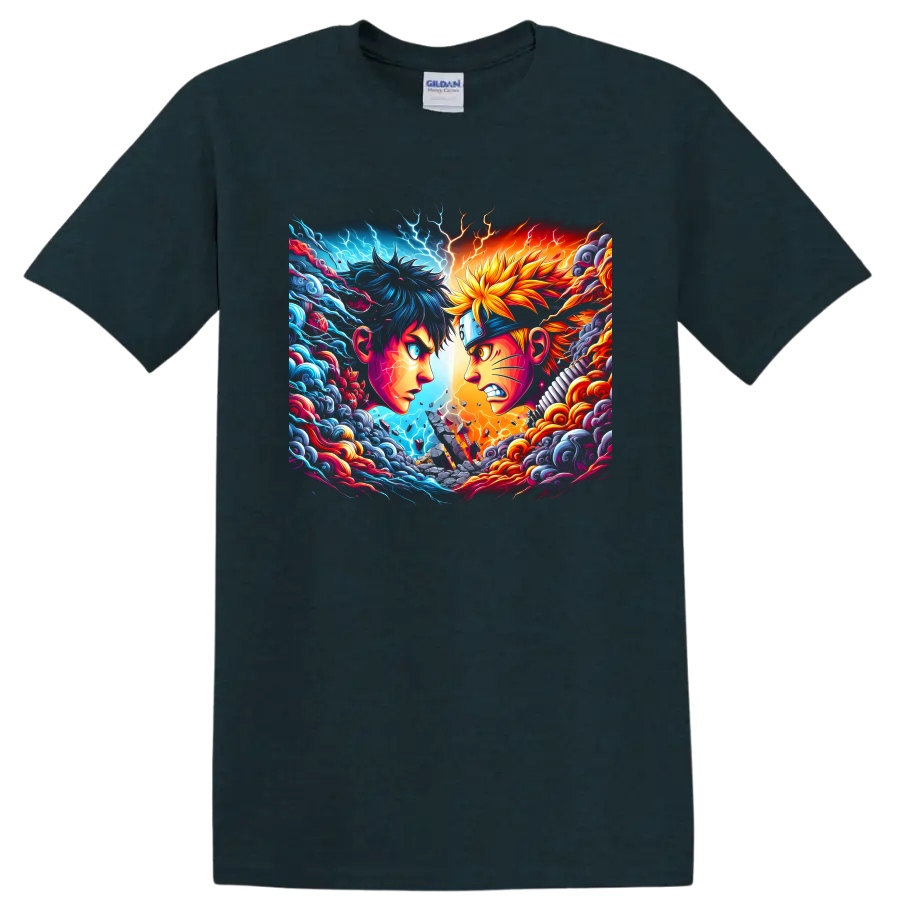 Naruto Uzumaki and Sasuke Uchiha anime rivalry art with lightning, waves, and flames on a Midnight (Green) T Shirt