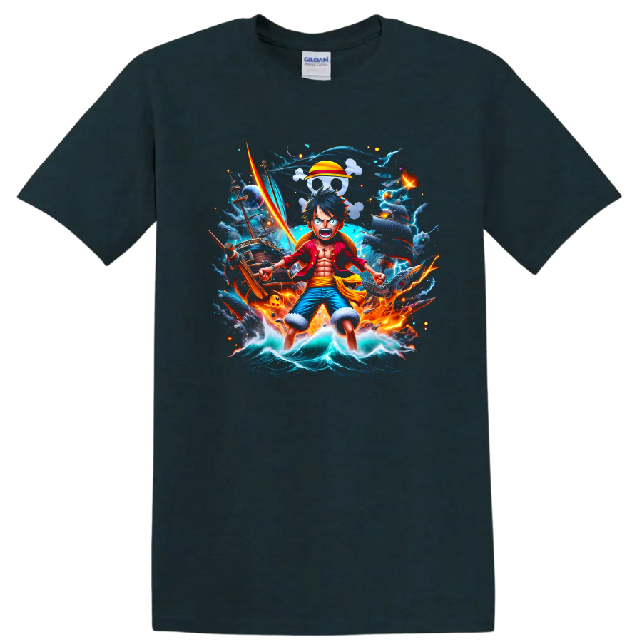 Monkey D. Luffy anime pirate graphic with ship, storm waves, lightning, and straw hat on a Midnight (Green) T Shirt