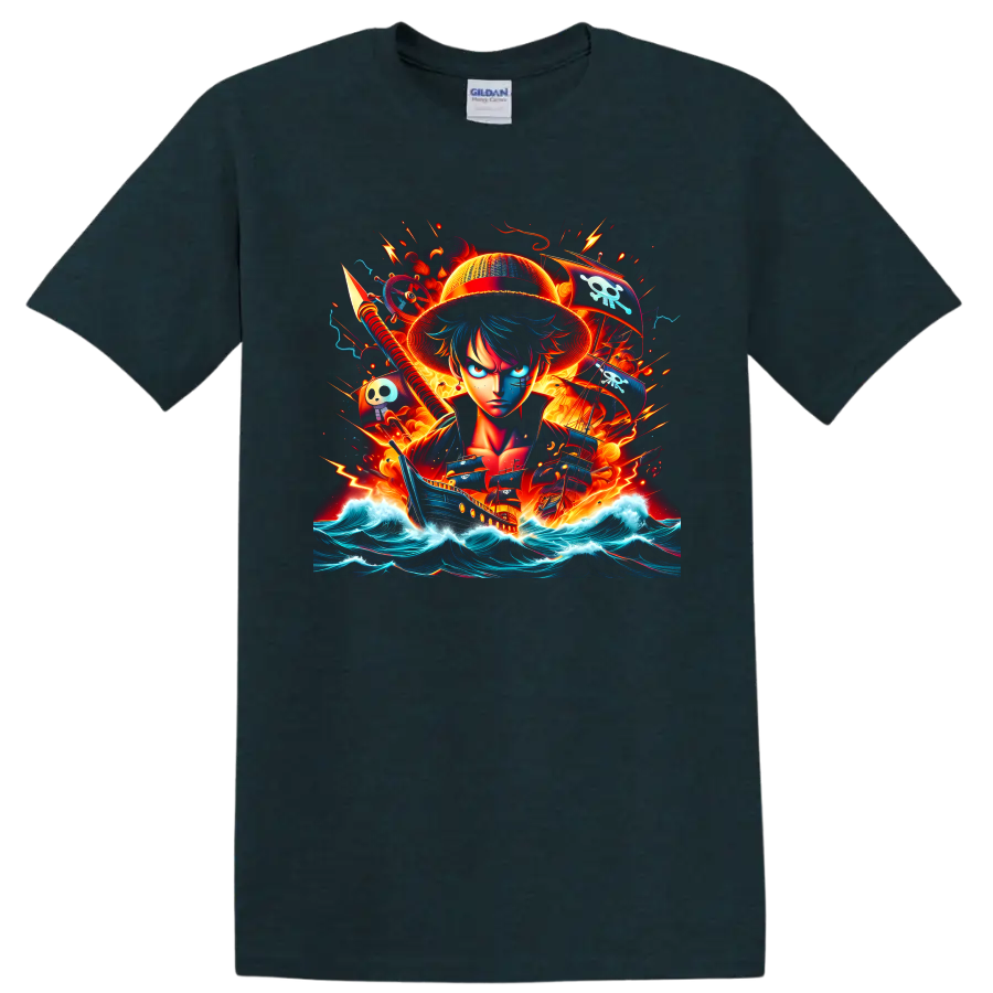 Monkey D. Luffy pirate action art with ship, skull flags, fire, and ocean waves on a Midnight (Green) T Shirt