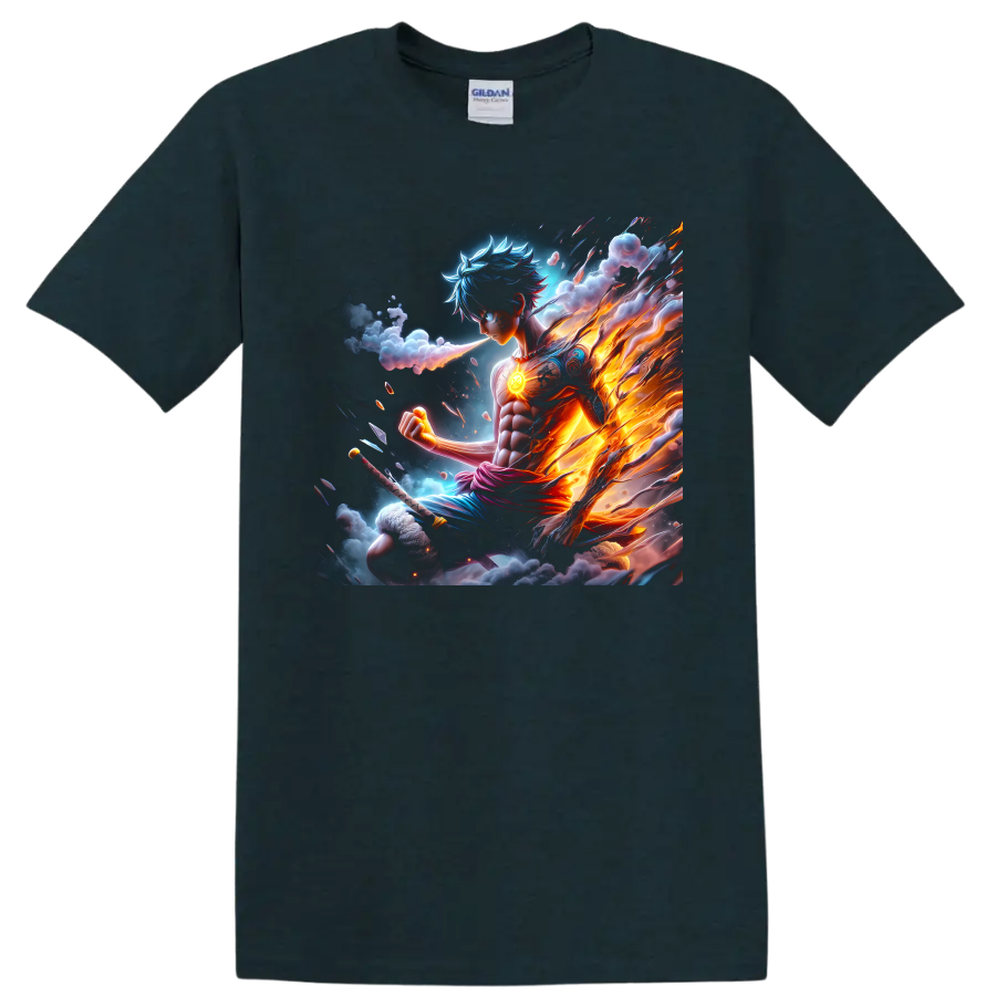 Monkey D. Luffy Gear 5 in a fiery blue and orange anime action illustration on a Midnight (Green) T Shirt