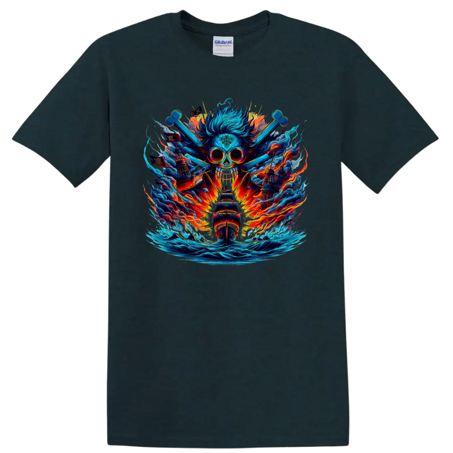 One Piece-inspired blue skull pirate ship with fiery waves in anime fantasy art on a Midnight (Green) T Shirt
