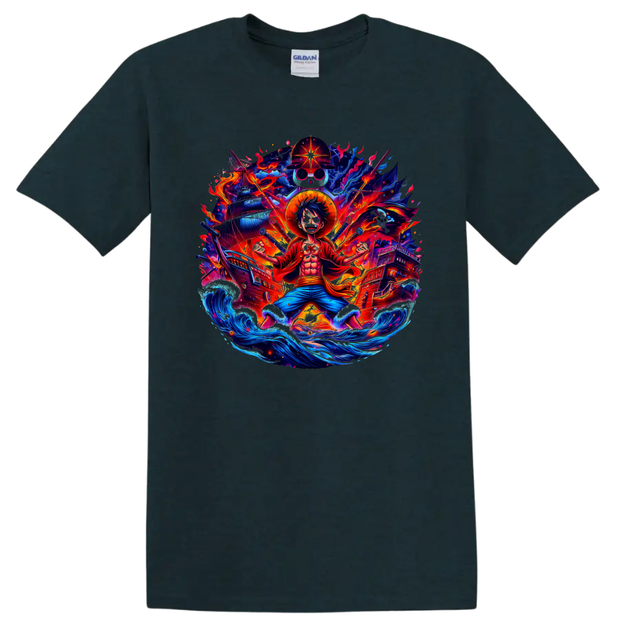 Monkey D. Luffy anime pirate graphic with ships, fiery energy, and ocean waves on a Midnight (Green) T Shirt